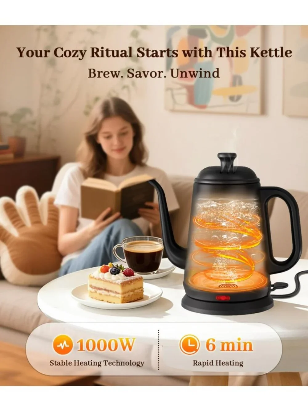 1L Gooseneck Electric Kettle for Pour-Over Coffee & Tea, Fast Boiling, BPA-Free